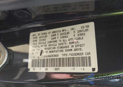 2008 Honda Accord 2.4 Ex-L z USA, uszkodzony, nr VIN 1HGCP26808A093949